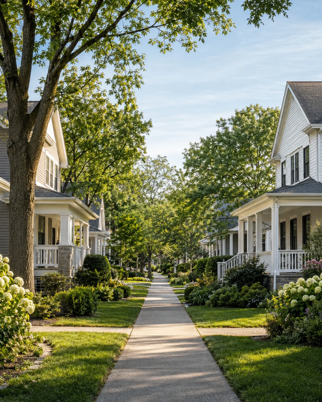 Leafy residential neighborhood with front porches, gardens, and a quiet sidewalk